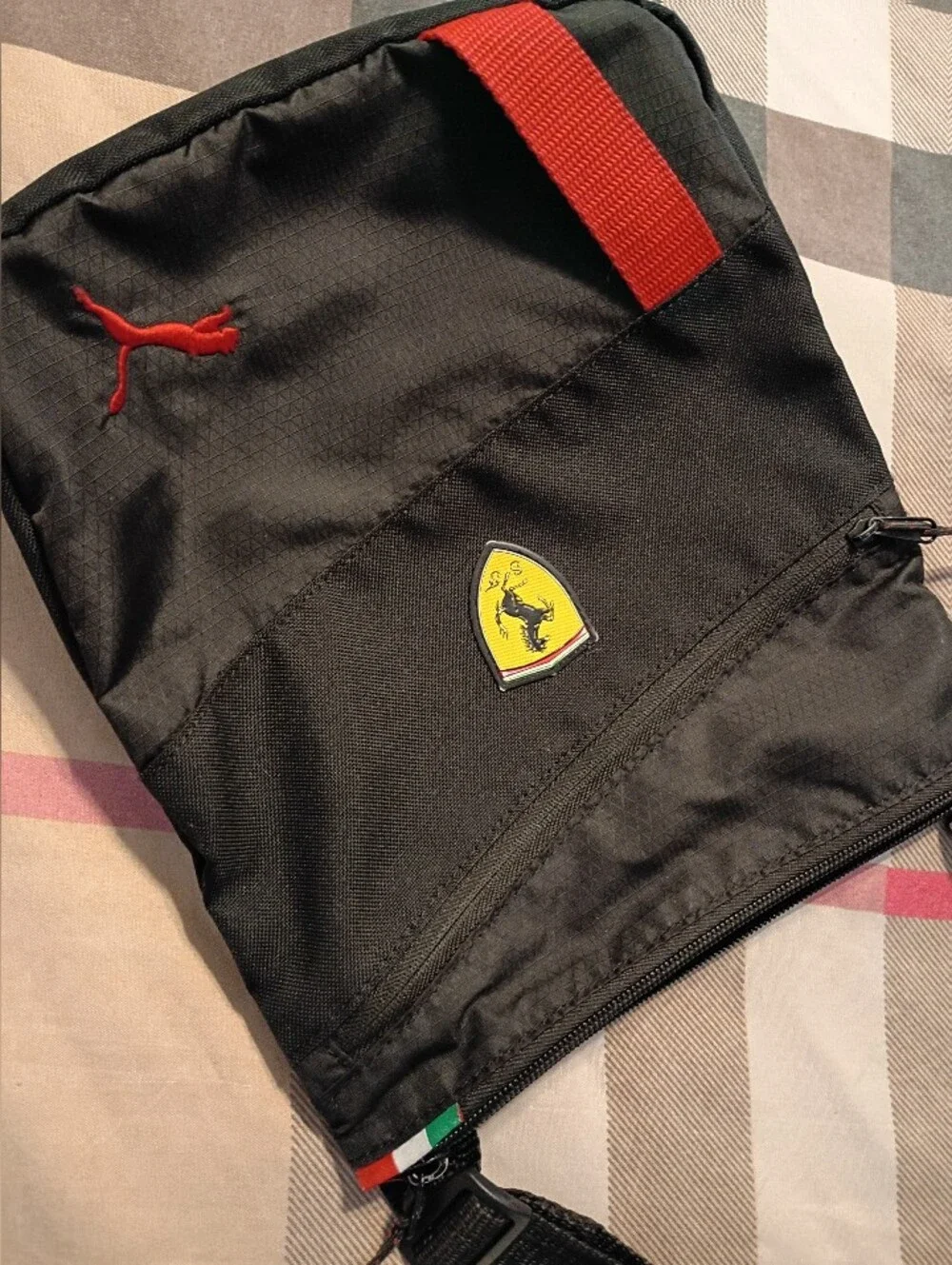 PUMA Scuderia Ferrari Adjustable Crossbody Black Shoulder Bag with Red Accents